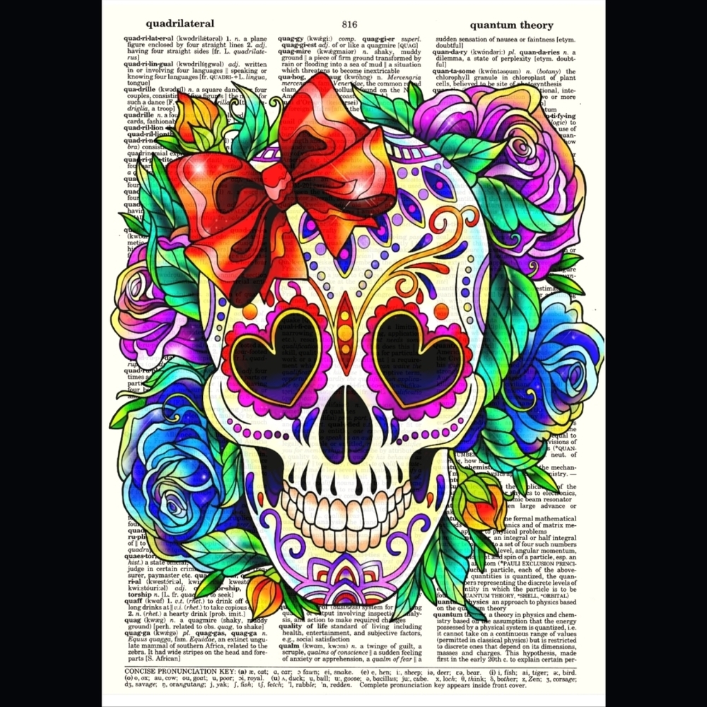 Bright Sugar Skull Vintage Dictionary Art Print